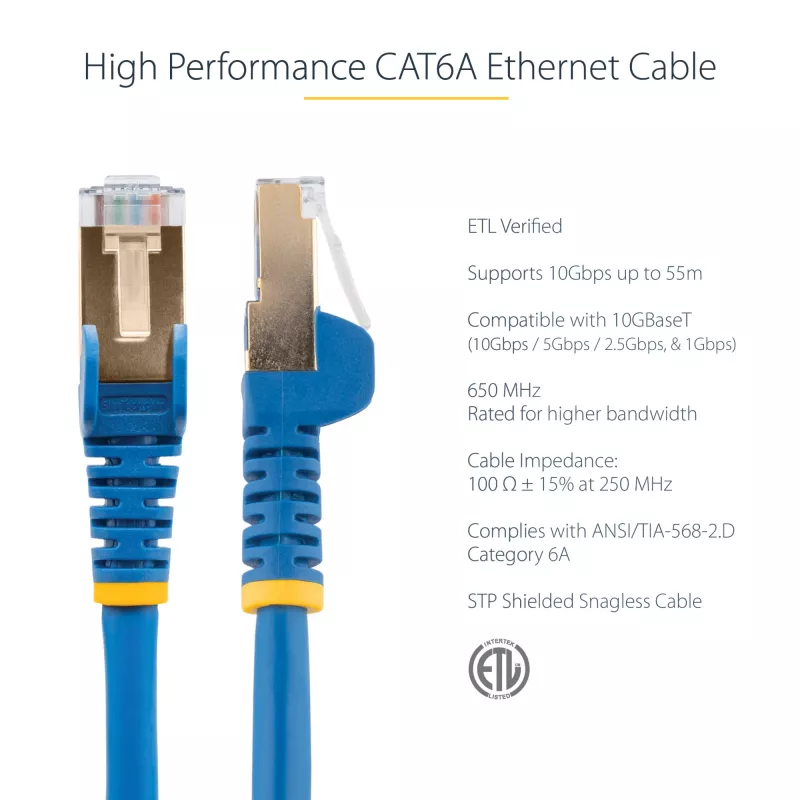 StarTech.com 0,50 m CAT6a Ethernet kabelis – 10 Gigabit ekranēts aizķeršanās drošs RJ45 100W PoE ielāpu vads – 10GbE STP tīkla kabelis ar spriegojuma samazināšanu – zils, individuāli testēts/vadi ir UL sertificēti/TIA