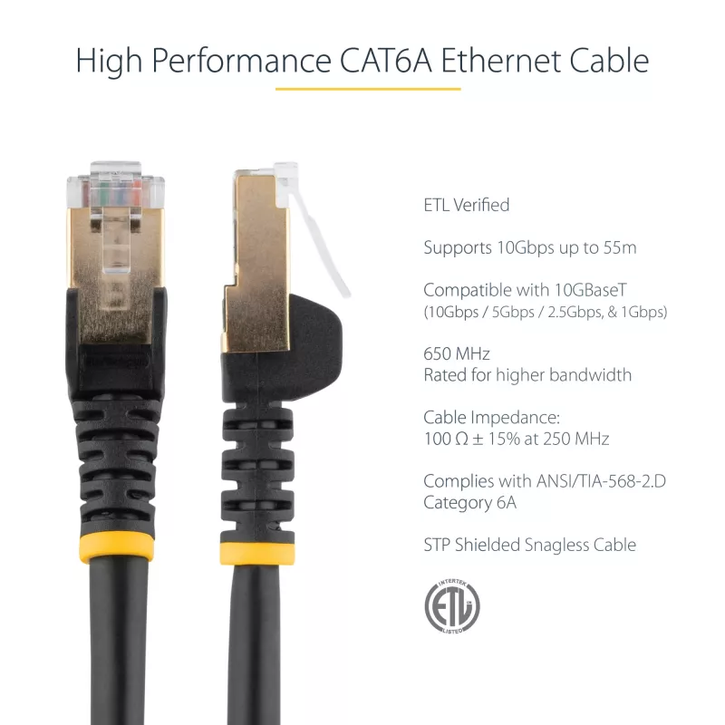 StarTech.com 0,50m CAT6a Ethernet kabelis - 10 Gigabit ekranēts, bez aizķeršanās RJ45 100W PoE ielāpu vads - 10GbE STP tīkla kabelis ar sprieguma samazināšanu - melns, individuāli testēts/vadi ir UL sertificēti/TIA