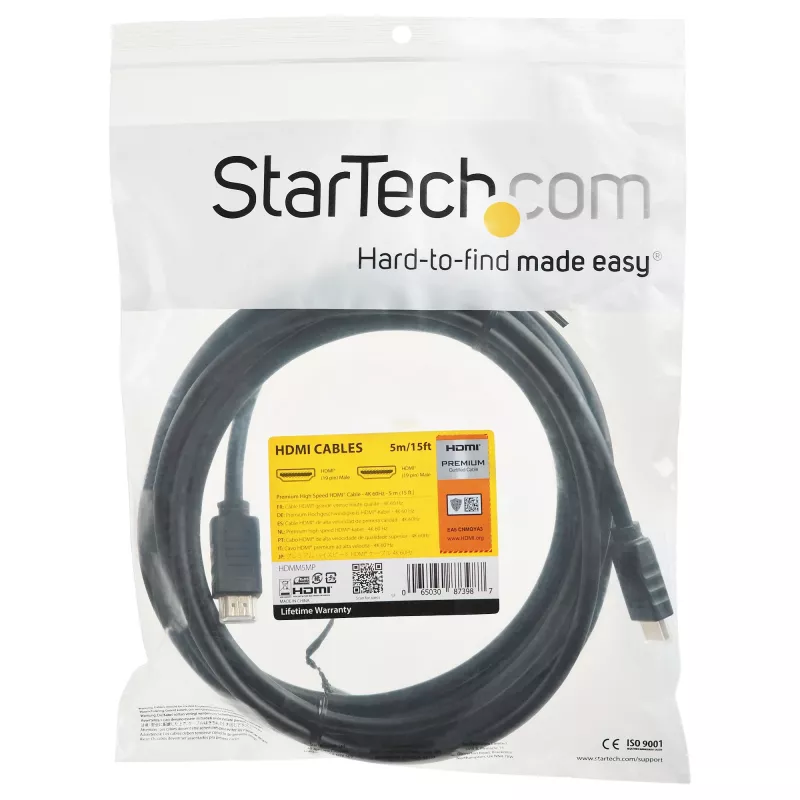 StarTech.com 15 pēdas (5m) Premium Certified HDMI 2.0 kabelis ar Ethernet - ātrdarbīgs Ultra HD 4K 60Hz HDR10 HDMI kabelis - garš HDMI vads (vīriešu/vīriešu savienotāji) - UHD monitoriem, televizoriem, displejiem