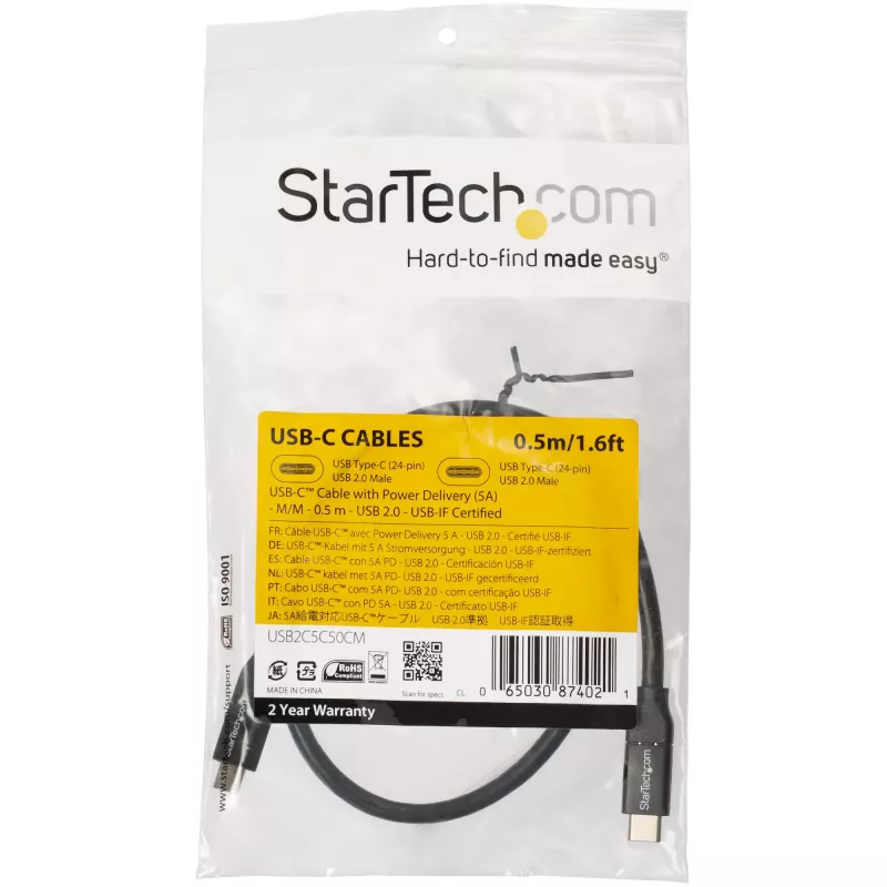 StarTech.com USB-C uz USB-C kabelis ar 5A PD - M/M - 0,5 m - USB 2.0 - USB-IF sertificēts