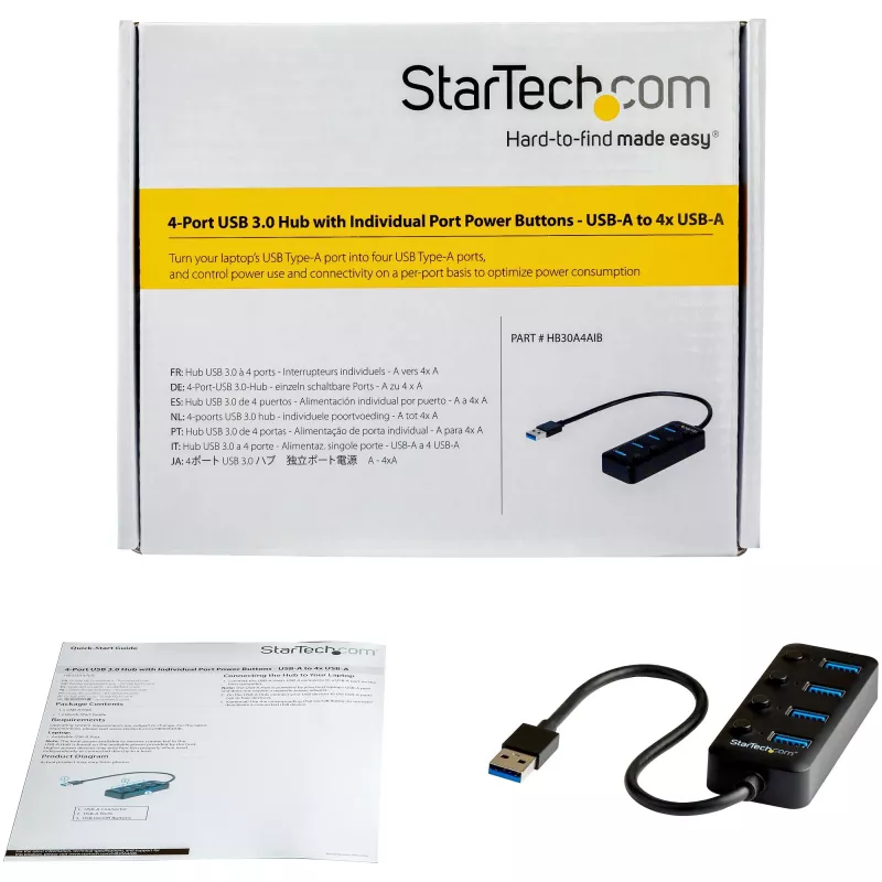 StarTech.com 4 portu USB 3.0 centrmezgls - USB-A uz 4x USB 3.0 Type-A ar individuāliem ieslēgšanas/izslēgšanas slēdžiem - SuperSpeed 5Gbps USB 3.1/3.2 Gen 1 - USB kopnes barošana - pārnēsājams - 25 cm pievienots kabelis~4 portu USB 3.0 centrmezgls - USB-A uz 4x USB 3.0 Type-A ar individuāliem ieslēgšanas/izslēgšanas slēdžiem - SuperSpeed USB 3.2 Gen 1 (5Gbps) - USB kopnes barošana - pārnēsājams…