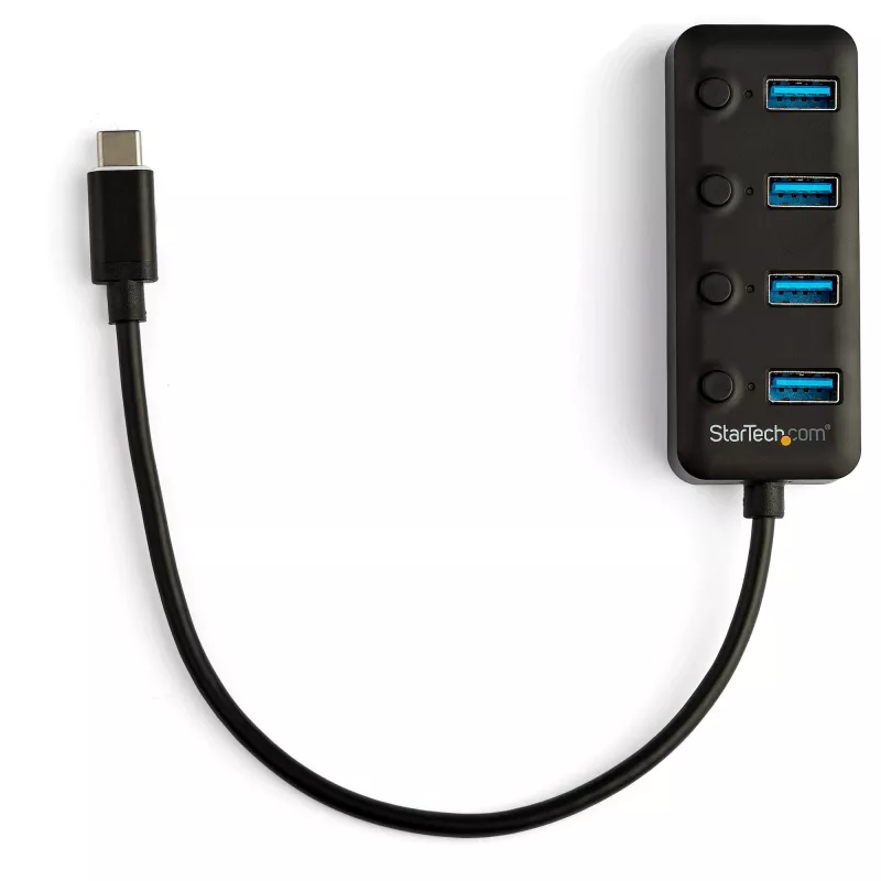 StarTech.com 4 Portu USB C centrmezgls - USB-C uz 4x USB 3.0 Type-A pieslēgvietas ar individuāliem ieslēgšanas/izslēgšanas slēdžiem - SuperSpeed 5Gbps USB 3.1/3.2 Gen 1 - USB kopnes barošana - Pārnēsājams - 25 cm pievienots kabelis