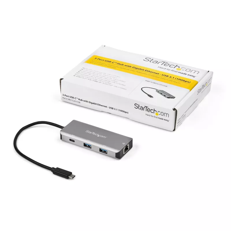 StarTech.com 3 pieslēgvietu USB-C centrmezgls ar Gigabit Ethernet RJ45 GbE pieslēgvietu – 2x USB-A, 1x USB-C – SuperSpeed 10Gbps USB 3.2 Gen 2 Type-C centrmezgla adapteris – ar USB kopnes barošanu – alumīnija – darbojas ar TB3