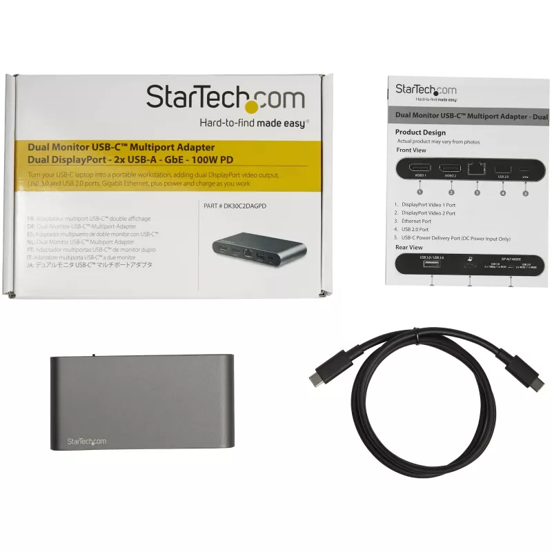 StarTech.com USB C dokstacija - 4K divu monitoru DisplayPort - mini klēpjdatora dokstacija - 100 W jaudas piegāde caurlaide - GbE, 2 portu USB-A centrmezgls - USB Type-C vairāku pieslēgvietu adapteris - 1 m kabelis