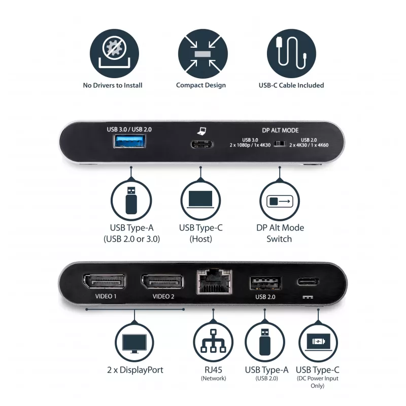 StarTech.com USB C dokstacija - 4K divu monitoru DisplayPort - mini klēpjdatora dokstacija - 100 W jaudas piegāde caurlaide - GbE, 2 portu USB-A centrmezgls - USB Type-C vairāku pieslēgvietu adapteris - 1 m kabelis