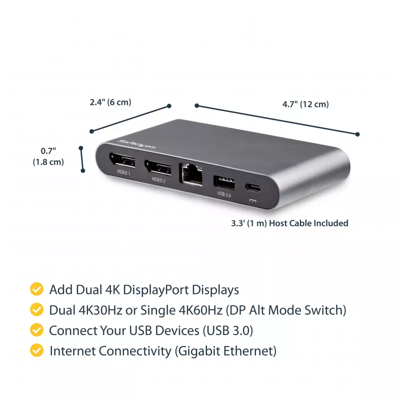 StarTech.com USB C dokstacija - 4K divu monitoru DisplayPort - mini klēpjdatora dokstacija - 100 W jaudas piegāde caurlaide - GbE, 2 portu USB-A centrmezgls - USB Type-C vairāku pieslēgvietu adapteris - 1 m kabelis