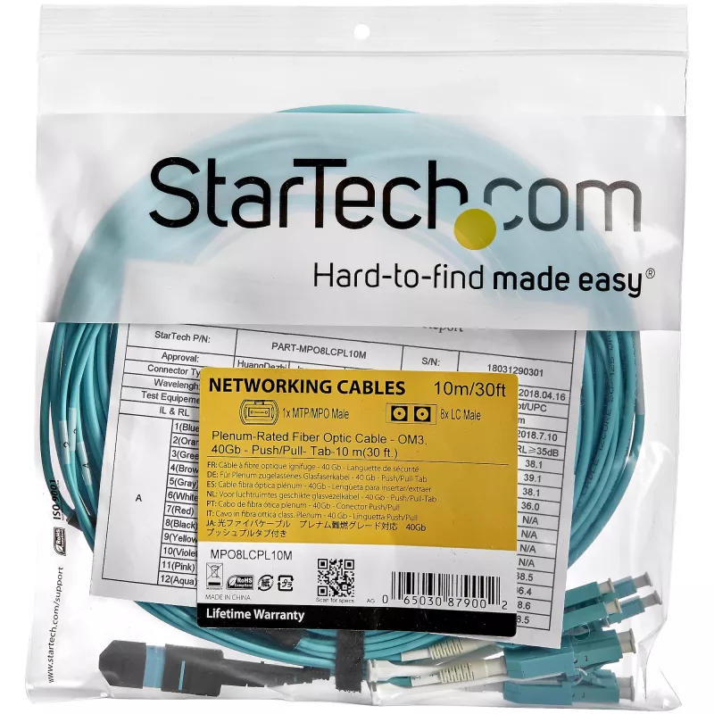 StarTech.com 10m (30 pēdas) MTP(F)/PC uz 4x LC/PC Duplex Breakout OM3 daudzmodu optiskās šķiedras kabelis, OFNP Plenum, 40G tīkli, zemi ievades zudumi - optiskās šķiedras džempera vads