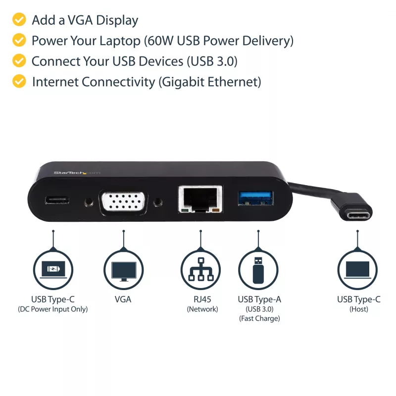 StarTech.com USB C daudzfunkciju adapteris - Mini USB-C dokstacija ar vienu VGA 1080p video monitoru - 60 W strāvas padeves caurlaide - USB 3.1 Gen 1 Type-A 5 Gbps, Gigabit Ethernet - Dokstacija
