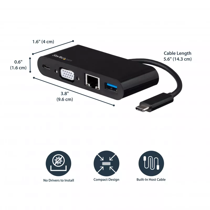 StarTech.com USB C daudzfunkciju adapteris - Mini USB-C dokstacija ar vienu VGA 1080p video monitoru - 60 W strāvas padeves caurlaide - USB 3.1 Gen 1 Type-A 5 Gbps, Gigabit Ethernet - Dokstacija
