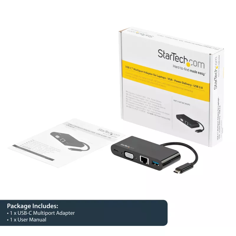 StarTech.com USB C daudzfunkciju adapteris - Mini USB-C dokstacija ar vienu VGA 1080p video monitoru - 60 W strāvas padeves caurlaide - USB 3.1 Gen 1 Type-A 5 Gbps, Gigabit Ethernet - Dokstacija