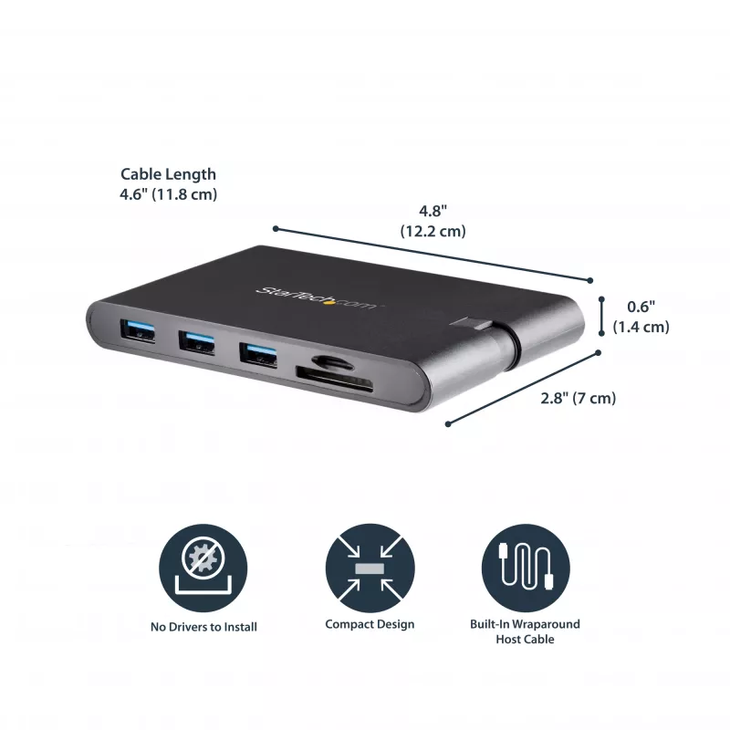 StarTech.com USB C daudzportu adapteris - USB Type-C mini dokstacija ar HDMI 4K vai VGA 1080p video - 100 W Power Delivery caurlaide, 3 portu USB 3.0 centrmezgls, GbE, SD un MicroSD - portatīvā klēpjdatora ceļojumu dokstacija
