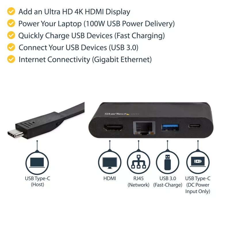 StarTech.com USB C daudzportu adapteris - pārnēsājama USB-C dokstacija ar 4K HDMI - 100 W PD 3.0 caurlaides funkcija, 1x USB-A, 1x USB-C, GbE - Thunderbolt 3 un USB Type-C klēpjdatora ceļojumu dokstacija - Mac un Windows