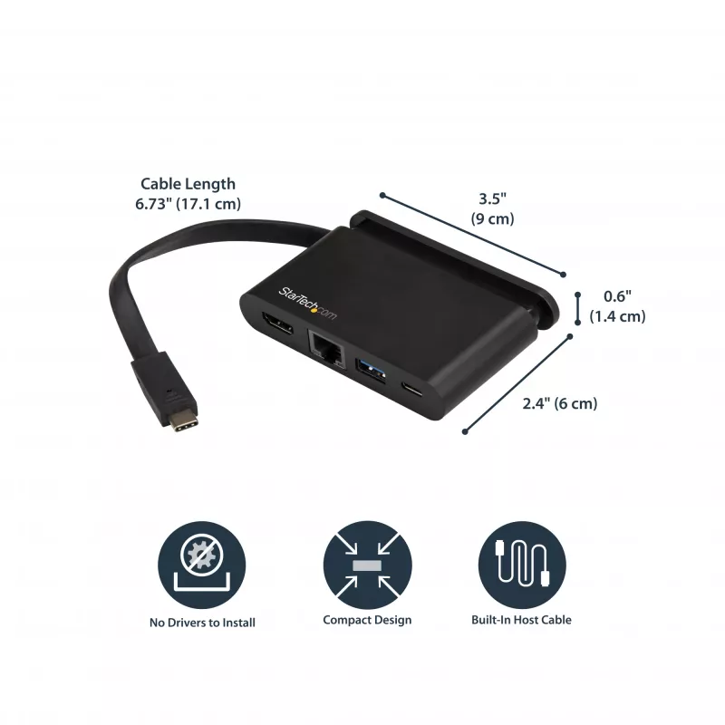 StarTech.com USB C daudzportu adapteris - pārnēsājama USB-C dokstacija ar 4K HDMI - 100 W PD 3.0 caurlaides funkcija, 1x USB-A, 1x USB-C, GbE - Thunderbolt 3 un USB Type-C klēpjdatora ceļojumu dokstacija - Mac un Windows