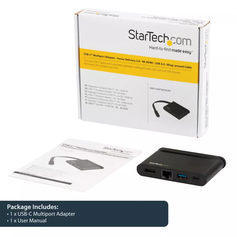 StarTech.com USB C daudzportu adapteris - pārnēsājama USB-C dokstacija ar 4K HDMI - 100 W PD 3.0 caurlaides funkcija, 1x USB-A, 1x USB-C, GbE - Thunderbolt 3 un USB Type-C klēpjdatora ceļojumu dokstacija - Mac un Windows
