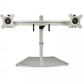 StarTech.com Dual Monitor Stand - Ergonomisks brīvi stāvošs dubulto monitoru galda statīvs diviem 24 collu VESA stiprinājuma displejiem - sinhronizējama augstuma regulēšana - dubulto monitoru staba stiprinājums - sudraba krāsā