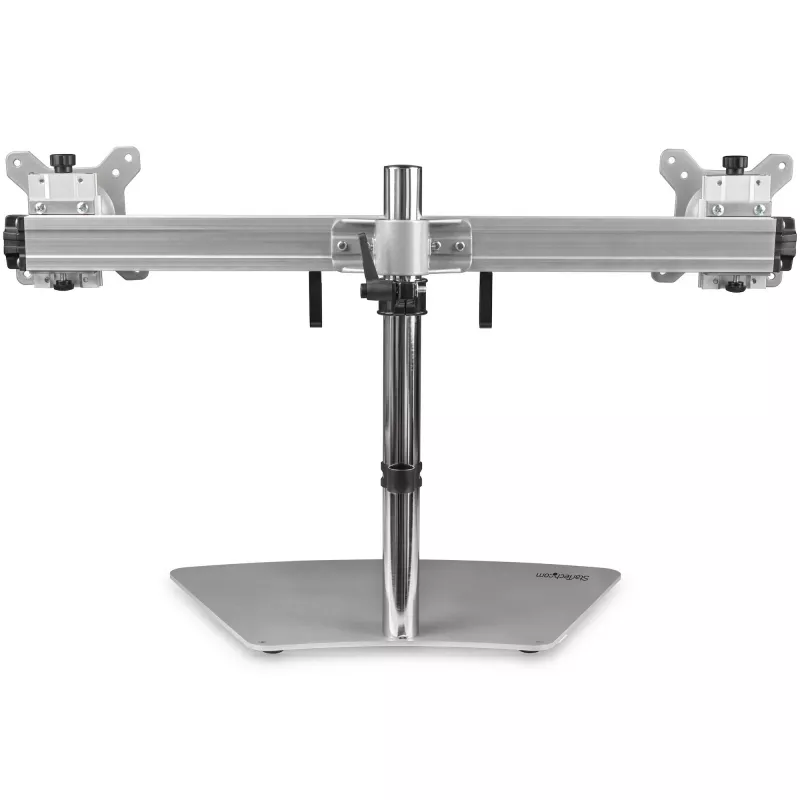 StarTech.com Dual Monitor Stand - Ergonomisks brīvi stāvošs dubulto monitoru galda statīvs diviem 24 collu VESA stiprinājuma displejiem - sinhronizējama augstuma regulēšana - dubulto monitoru staba stiprinājums - sudraba krāsā