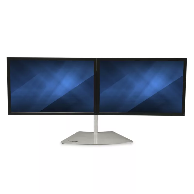 StarTech.com Dual Monitor Stand - Ergonomisks brīvi stāvošs dubulto monitoru galda statīvs diviem 24 collu VESA stiprinājuma displejiem - sinhronizējama augstuma regulēšana - dubulto monitoru staba stiprinājums - sudraba krāsā