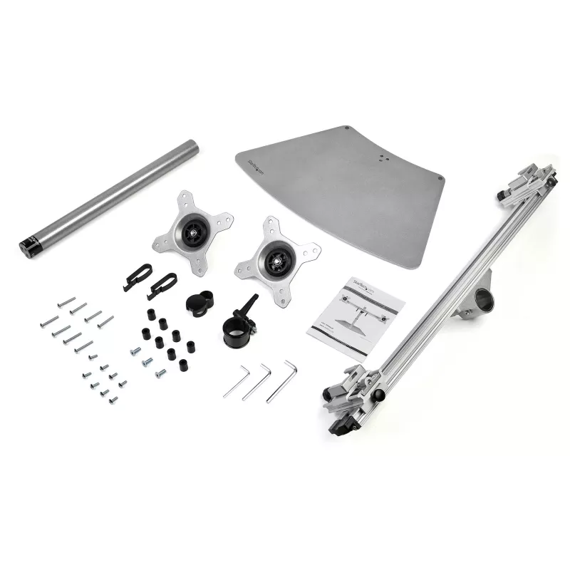 StarTech.com Dual Monitor Stand - Ergonomisks brīvi stāvošs dubulto monitoru galda statīvs diviem 24 collu VESA stiprinājuma displejiem - sinhronizējama augstuma regulēšana - dubulto monitoru staba stiprinājums - sudraba krāsā