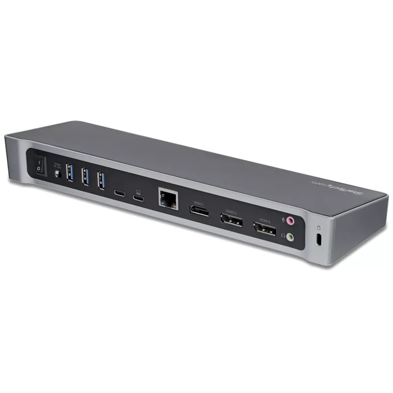 StarTech.com 4K USB-C dokstacija, trīskārša UHD 4K monitoru dokstacija, Mac un Windows, USB-C uz HDMI un DisplayPort, 100 W strāvas padeve, 5x USB 5 Gbps centrmezgls - TAA