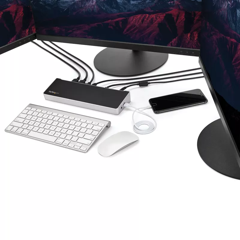 StarTech.com 4K USB-C dokstacija, trīskārša UHD 4K monitoru dokstacija, Mac un Windows, USB-C uz HDMI un DisplayPort, 100 W strāvas padeve, 5x USB 5 Gbps centrmezgls - TAA