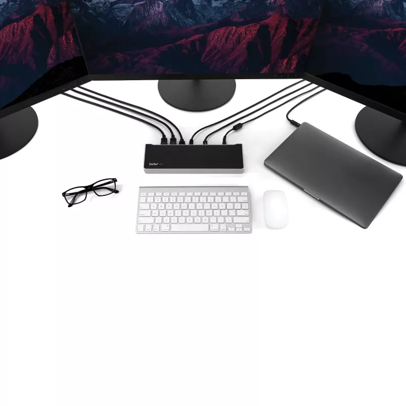 StarTech.com 4K USB-C dokstacija, trīskārša UHD 4K monitoru dokstacija, Mac un Windows, USB-C uz HDMI un DisplayPort, 100 W strāvas padeve, 5x USB 5 Gbps centrmezgls - TAA