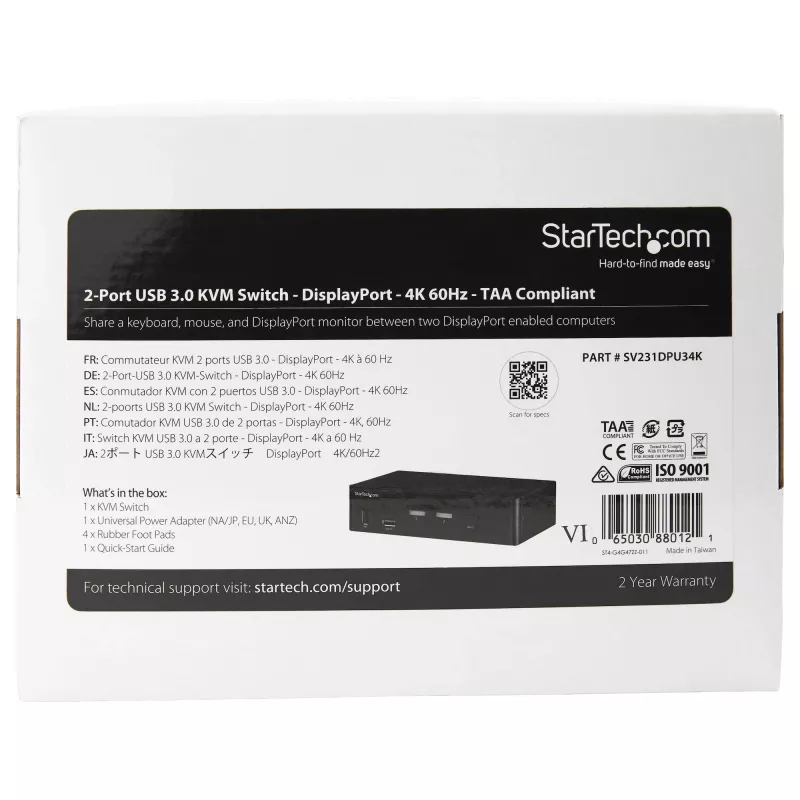 StarTech.com 2 portu DisplayPort KVM slēdzis - 4K 60Hz - viens displejs - dubultportu UHD DP 1.2 USB KVM slēdzis ar integrētu USB 3.0 centrmezglu un audio - Dell HP Apple Lenovo - TAA atbilstīgs