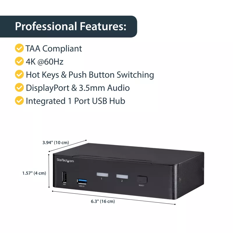 StarTech.com 2 portu DisplayPort KVM slēdzis - 4K 60Hz - viens displejs - dubultportu UHD DP 1.2 USB KVM slēdzis ar integrētu USB 3.0 centrmezglu un audio - Dell HP Apple Lenovo - TAA atbilstīgs