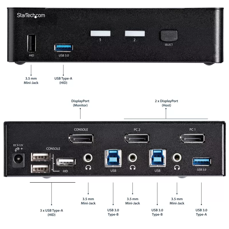 StarTech.com 2 portu DisplayPort KVM slēdzis - 4K 60Hz - viens displejs - dubultportu UHD DP 1.2 USB KVM slēdzis ar integrētu USB 3.0 centrmezglu un audio - Dell HP Apple Lenovo - TAA atbilstīgs