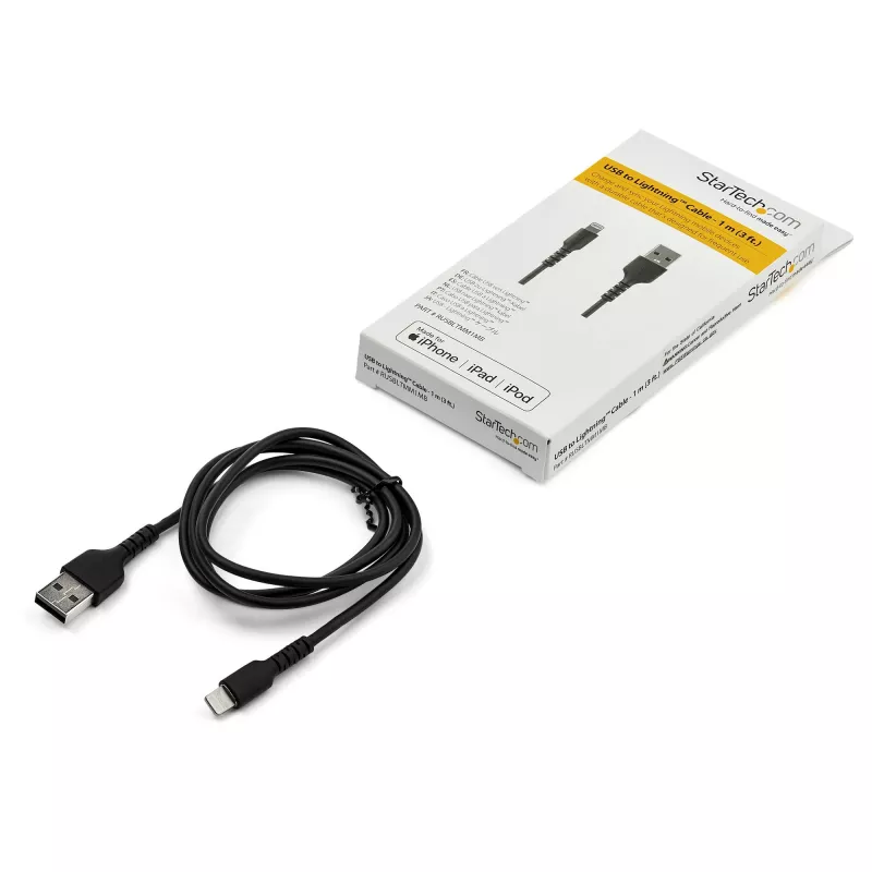 StarTech.com 1 m garš, izturīgs melns USB-A–Lightning kabelis – pastiprināts, izturīgs aramīda šķiedras USB Type-A–Lightning lādētājs/sinhronizācijas barošanas vads – Apple MFi sertificēts iPad/iPhone 12