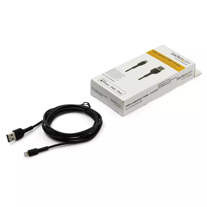 StarTech.com 6 pēdu (2 m) izturīgs melns USB-A–Lightning kabelis – pastiprinātas izturības aramīda šķiedras USB Type A–Lightning lādēšanas/sinhronizācijas strāvas vads – Apple MFi sertificēts iPad/iPhone 12