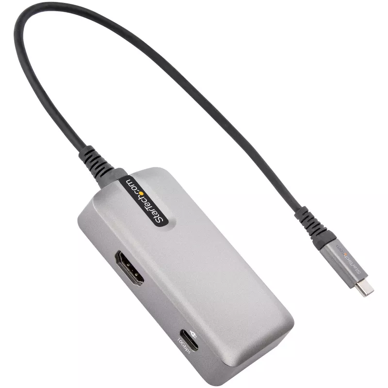 StarTech.com USB-C daudzportu adapteris - USB-C uz 4K 60Hz HDMI 2.0, 100W strāvas padeves caurlaide - 3 portu 10Gbps USB centrmezgls - pārnēsājama USB Type-C mini dokstacija - 10 inch (25cm) kabelis