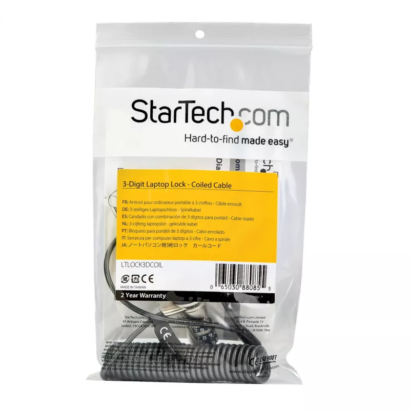 StarTech.com 1,8 m pašsavijas klēpjdatora kabeļa slēdzene – pārnēsājama 3 ciparu kombinētā drošības kabeļa slēdzene K-Slot klēpjdatoram/datoram/galddatoram/ierīcei – spirālveida pretzagļu tērauda kabeļa slēdzene