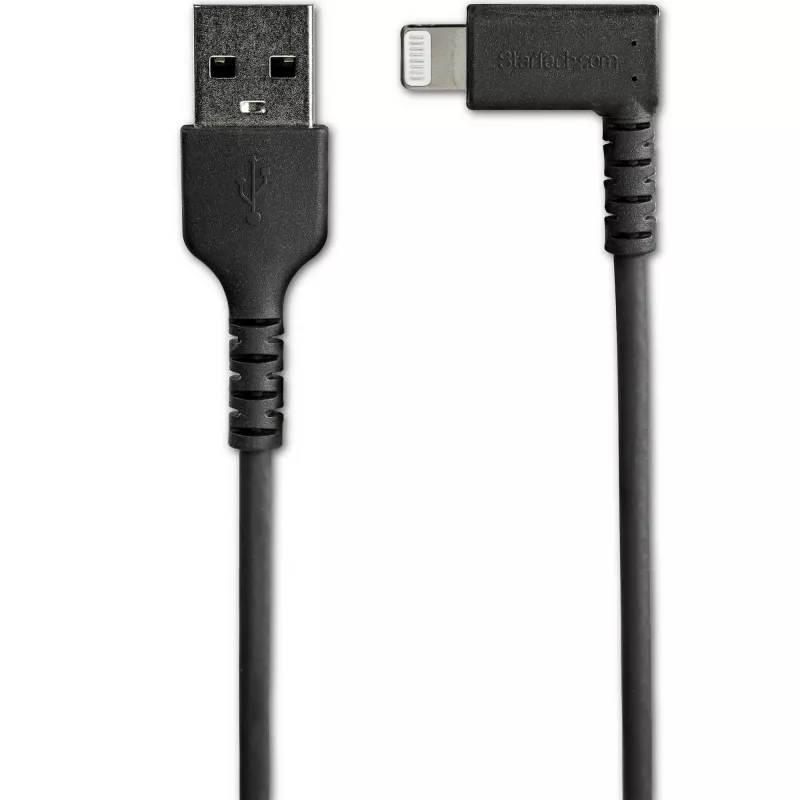 StarTech.com 0,9 m (3 pēdas) izturīgs USB A–Lightning kabelis, melns, 90° leņķa, pastiprināts, raupjš, aramidšķiedras USB Type A–Lightning uzlādes/sinhronizācijas vads – Apple MFi sertificēts – iPhone