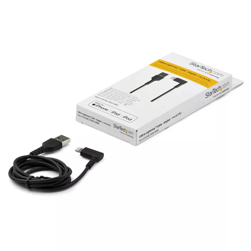 StarTech.com 0,9 m (3 pēdas) izturīgs USB A–Lightning kabelis, melns, 90° leņķa, pastiprināts, raupjš, aramidšķiedras USB Type A–Lightning uzlādes/sinhronizācijas vads – Apple MFi sertificēts – iPhone