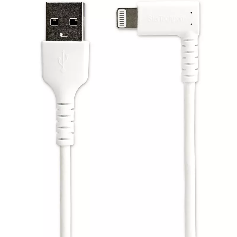 StarTech.com 3 pēdu (1 m) izturīgs USB A uz Lightning kabelis - balts 90° leņķveida lieljaudas izturīgs aramīda šķiedras USB Type A uz Lightning uzlādes/sinhronizācijas vads - Apple MFi sertificēts - iPhone