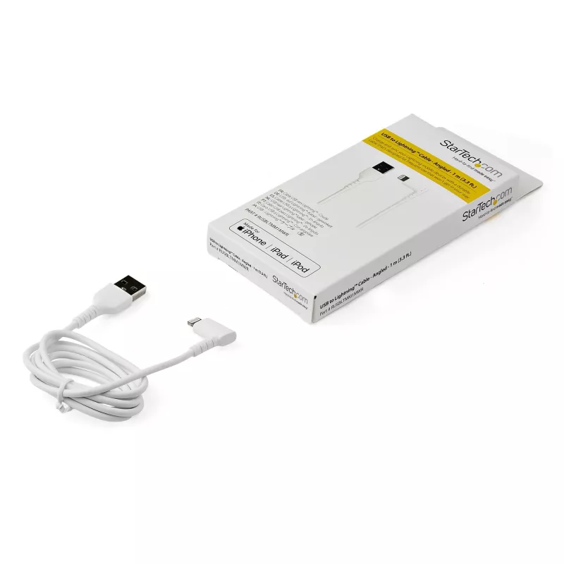 StarTech.com 3 pēdu (1 m) izturīgs USB A uz Lightning kabelis - balts 90° leņķveida lieljaudas izturīgs aramīda šķiedras USB Type A uz Lightning uzlādes/sinhronizācijas vads - Apple MFi sertificēts - iPhone
