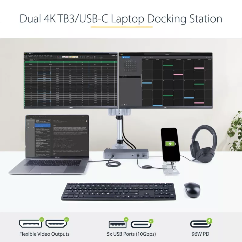 StarTech.com USB C dokstacija Macbook Pro/Air-M1/M2/M3/M4, Thunderbolt saderīga, HDMI/DisplayPort, dubultā 4K 60Hz/viena 8K, USB Type-C klēpjdatora dokstacija, 96W strāvas padeve, USB 10Gbps