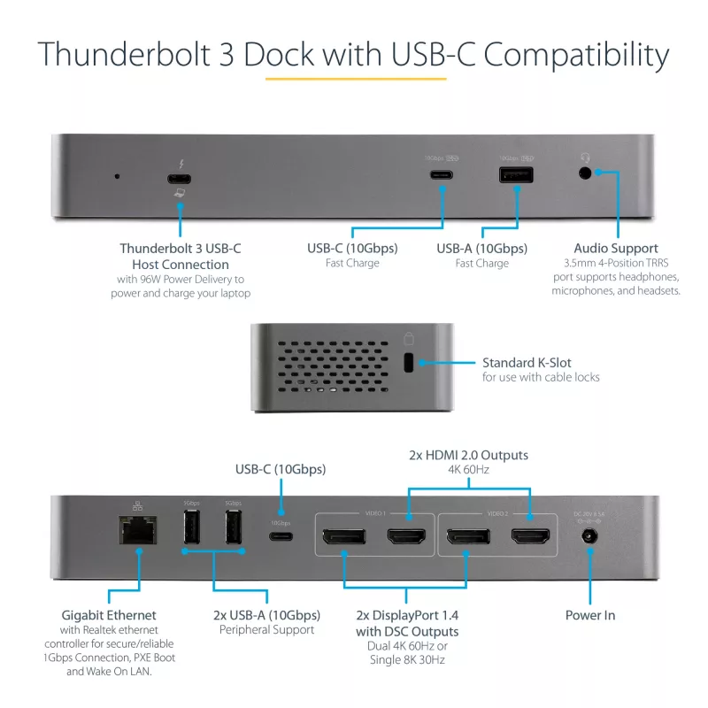 StarTech.com USB C dokstacija Macbook Pro/Air-M1/M2/M3/M4, Thunderbolt saderīga, HDMI/DisplayPort, dubultā 4K 60Hz/viena 8K, USB Type-C klēpjdatora dokstacija, 96W strāvas padeve, USB 10Gbps