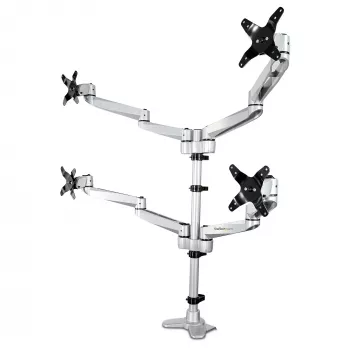 StarTech.com Desk Mount Quad Monitor Arm – Premium Articulating VESA 4 Monitor Mount 2x2 līdz 30 collas – Ergonomic Height Adjustable Pole Mount - Tilt/Swivel/Rotate - C-Clamp/Grommet - Sudraba krāsā