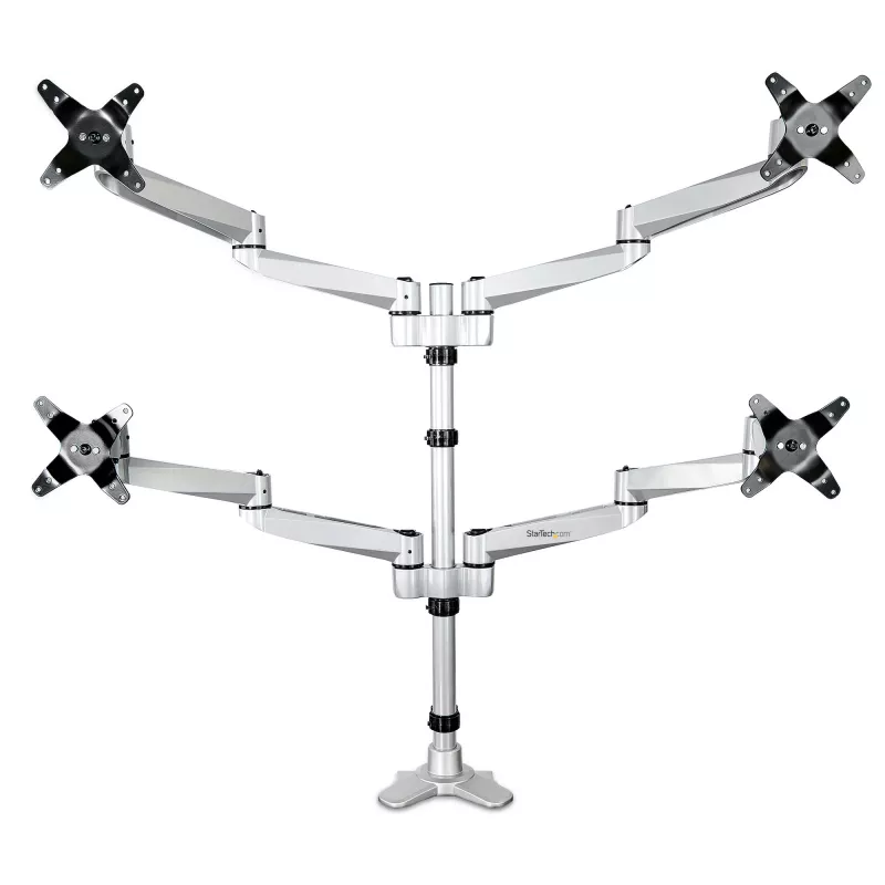 StarTech.com Desk Mount Quad Monitor Arm – Premium Articulating VESA 4 Monitor Mount 2x2 līdz 30 collas – Ergonomic Height Adjustable Pole Mount - Tilt/Swivel/Rotate - C-Clamp/Grommet - Sudraba krāsā