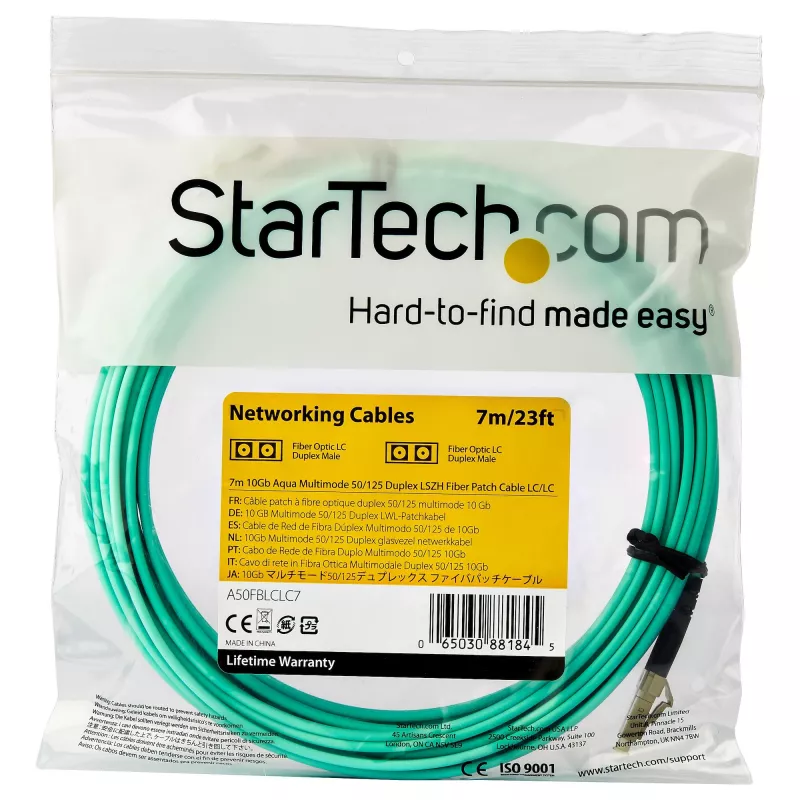 StarTech.com 7 m (22 pēdu) LC/UPC–LC/UPC OM3 daudzmodu optiskās šķiedras kabelis, pilndupleksais 50/125 µm Zipcord optiskais kabelis, 100G, zemi ievietošanas zudumi, LSZH optiskās šķiedras džemperis