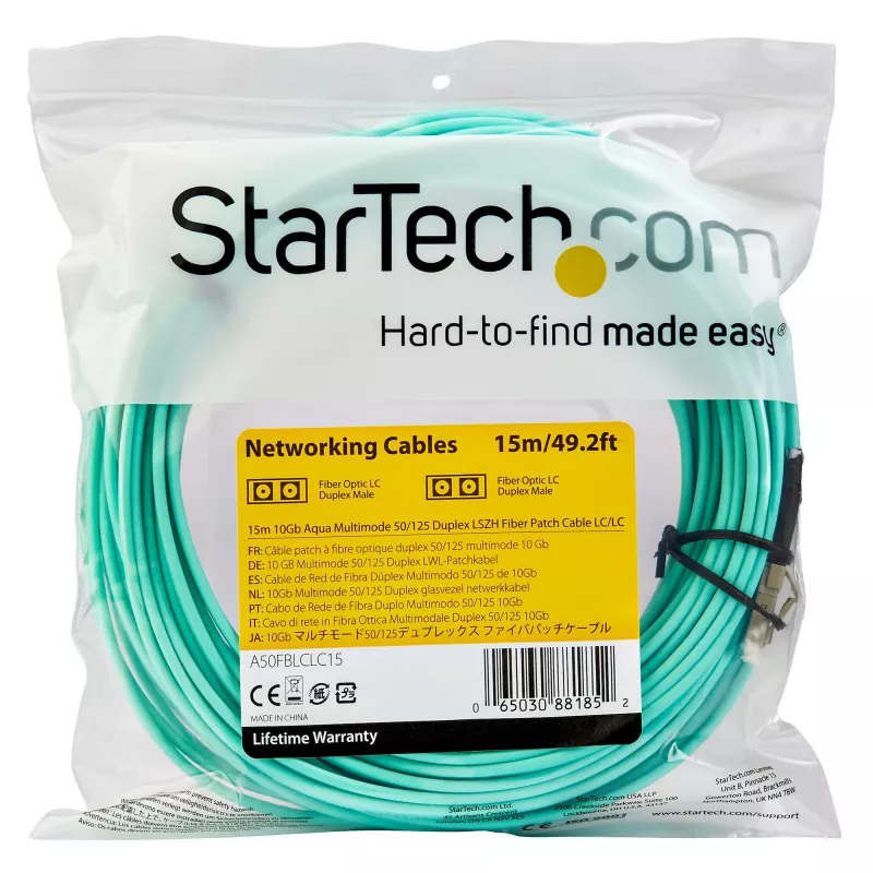 StarTech.com 15m (50ft) LC/UPC uz LC/UPC OM3 daudzmodu optiskās šķiedras kabelis, pilnduplekss 50/125µm Zipcord šķiedras kabelis, 100G, zemi ievades zudumi, LSZH šķiedras džempera vads