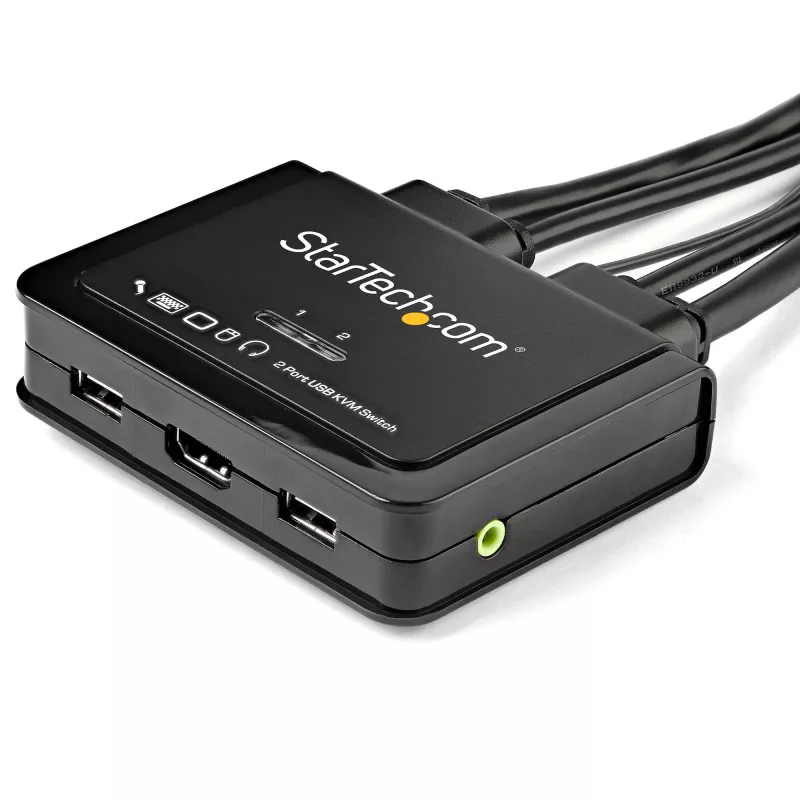 StarTech.com 2 portu HDMI KVM slēdzis - 4K 60Hz - kompakts divu portu UHD / Ultra HD USB darbvirsmas KVM slēdzis ar integrētiem 1,2m kabeļiem un audio - kopnes barots un tālvadības pārslēgšana - MacBook ThinkPad