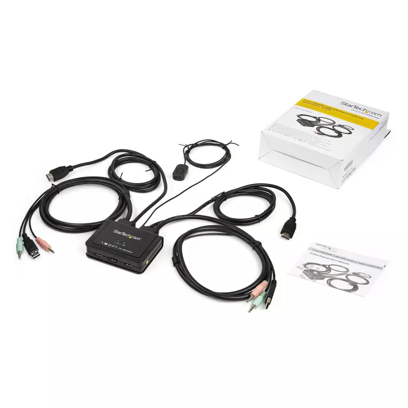 StarTech.com 2 portu HDMI KVM slēdzis - 4K 60Hz - kompakts divu portu UHD / Ultra HD USB darbvirsmas KVM slēdzis ar integrētiem 1,2m kabeļiem un audio - kopnes barots un tālvadības pārslēgšana - MacBook ThinkPad