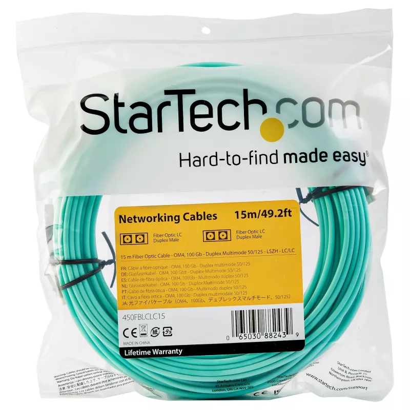 StarTech.com 15m (50ft) LC/UPC uz LC/UPC OM4 daudzmodu optiskās šķiedras kabelis, 50/125µm LOMMF/VCSEL Zipcord šķiedra, 100G, zemi ievades zudumi - LSZH optiskais džempera vads