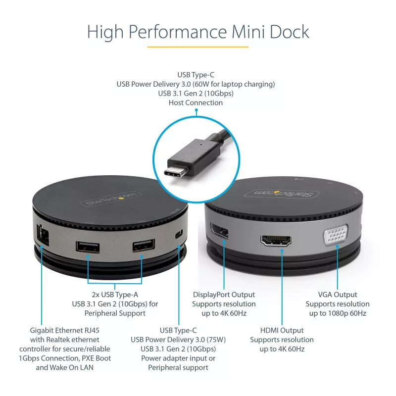 StarTech.com USB C daudzfunkciju adapteris - USB 3.1 Gen 2 10 Gbps Type-C mini dokotājs ar 4K 60 Hz HDMI/DisplayPort vai 1080p VGA - 75 W PD caurlaide, 3 portu USB centrmezgls, GbE - mobilā dokošanas stacija