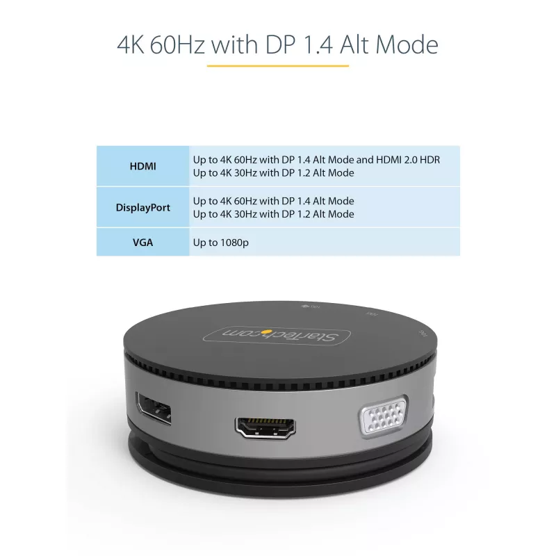 StarTech.com USB C daudzfunkciju adapteris - USB 3.1 Gen 2 10 Gbps Type-C mini dokotājs ar 4K 60 Hz HDMI/DisplayPort vai 1080p VGA - 75 W PD caurlaide, 3 portu USB centrmezgls, GbE - mobilā dokošanas stacija