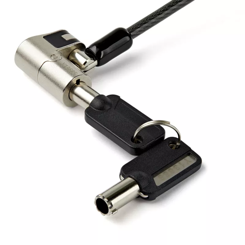 StarTech.com 6,5' (2m) 3-in-1 universālais klēpjdatora kabeļa bloķētājs – ar atslēgu klēpjdatoram/galddatoram drošības kabeļa bloķētājs, saderīgs ar K-Slot, Nano un Wedge Slot datoru – pretzagšanas tērauda kabeļa bloķētājs ar atslēgām