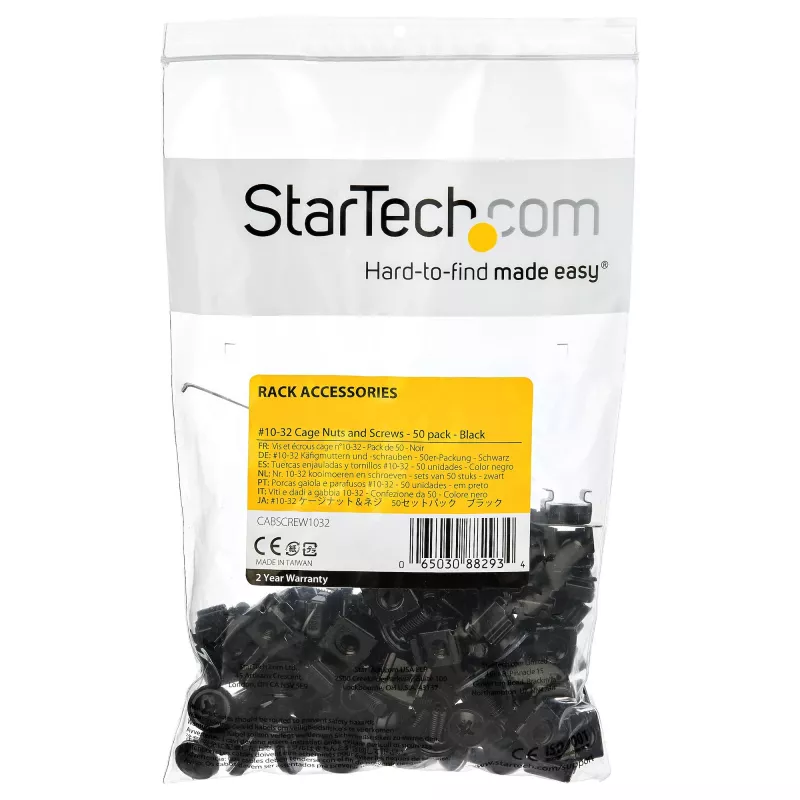 StarTech.com 50 iepakojums 10-32 serveru statņa būra uzgriežņi un skrūves ar paplāksnēm - statņa montāžas aparatūras komplekts - tīkla/datortehnikas skapja klipši/neizkrītošie uzgriežņi un bultskrūves kvadrātveida caurumiem - melns - TAA