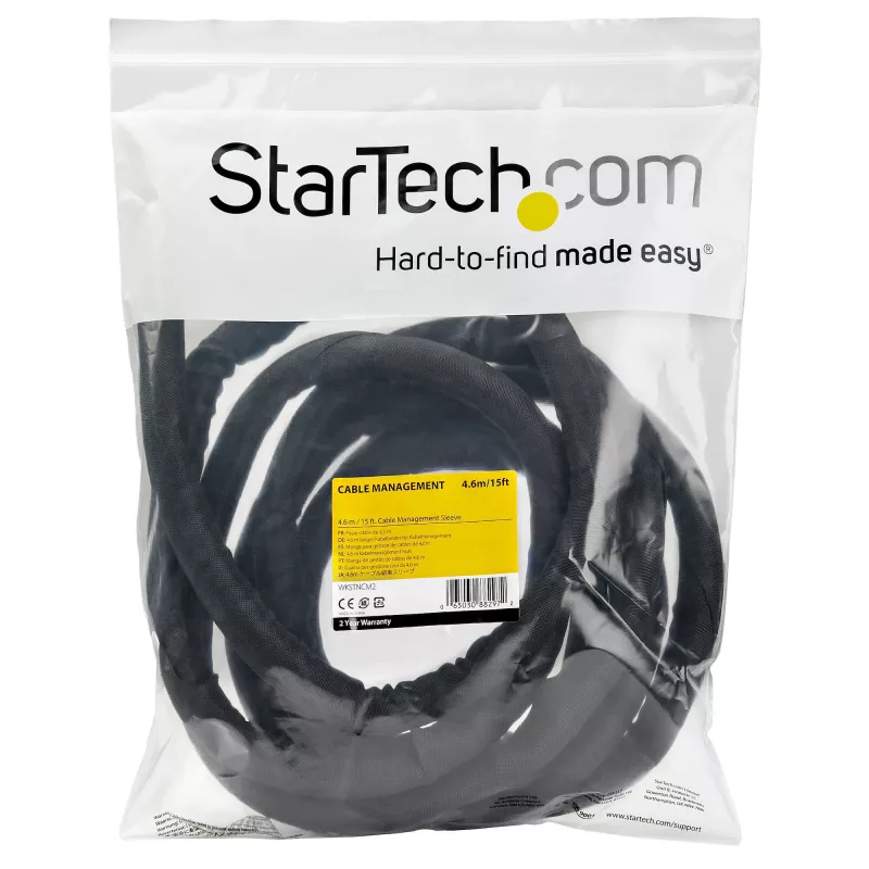 StarTech.com 15' (4.6m) Kabeļu pārvaldības uzmava - Elastīga satīta kabeļu aptīšanas uzmava - 1.0-1.5 collu diam. Paplašināma uzmava - Poliestera vadu organizētājs/aizsargs/slēpnis - Melna, apgriežama kabeļu organizētāja